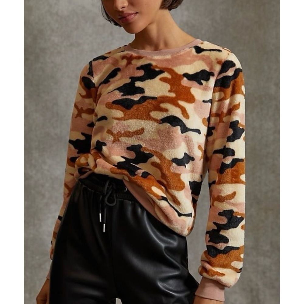 Anthropologie Sunday in Brooklyn Dayna Fuzzy Velour Top Pink Combo Camo XS
